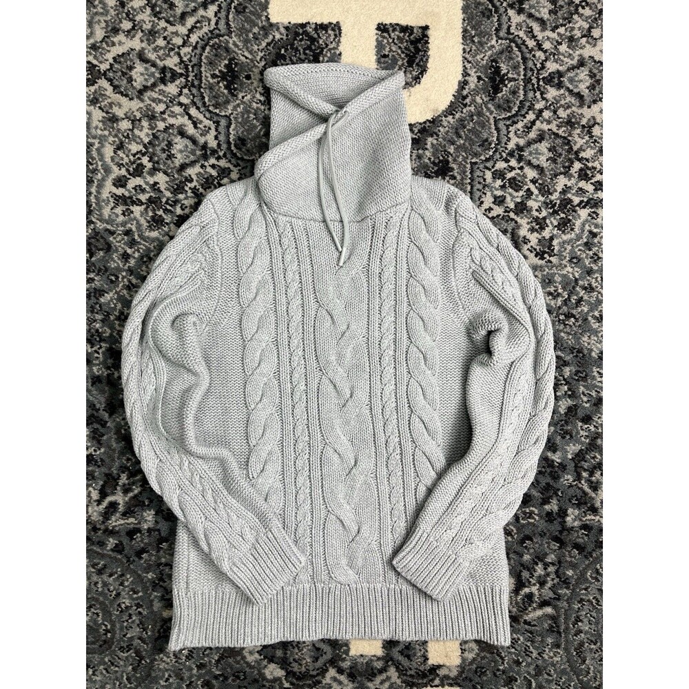 New LL Bean Women's S Gray Cable Knit 100% Cotton Funnel Neck Chunky Sweater